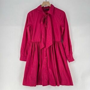 NY&C Pink Cotton Blend Button Front Tie Neck‎ Pleated Fit & Flare Shirt Dress